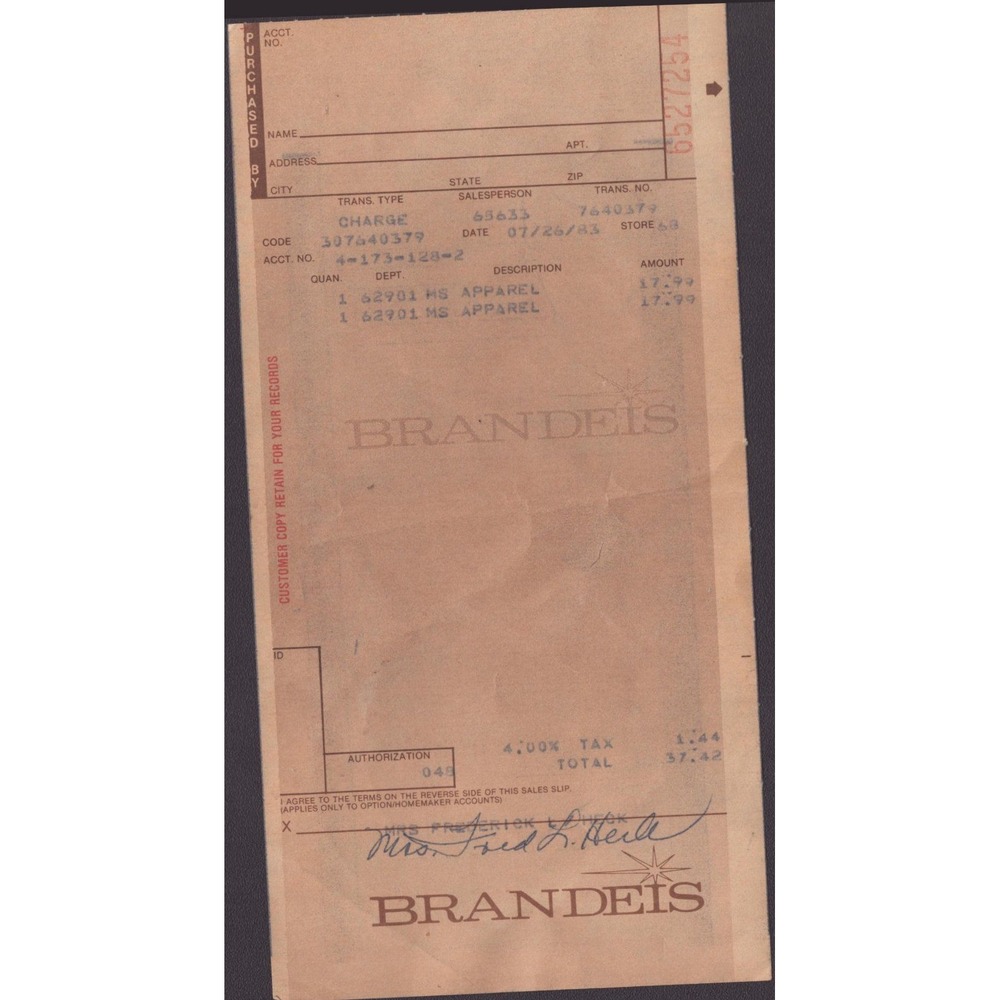 Vintage 1983 Brandeis Department Store Sales Receipt Ephemera Omaha Nebraska